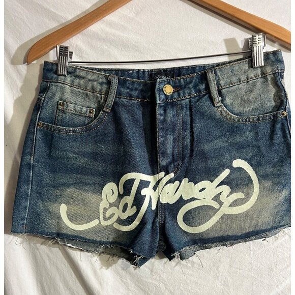 Ed Hardy Pants - Ed Hardy Jean Women's Denim shorts Signature Logo Cut Off Raw Hem Tiger Sz L  B6